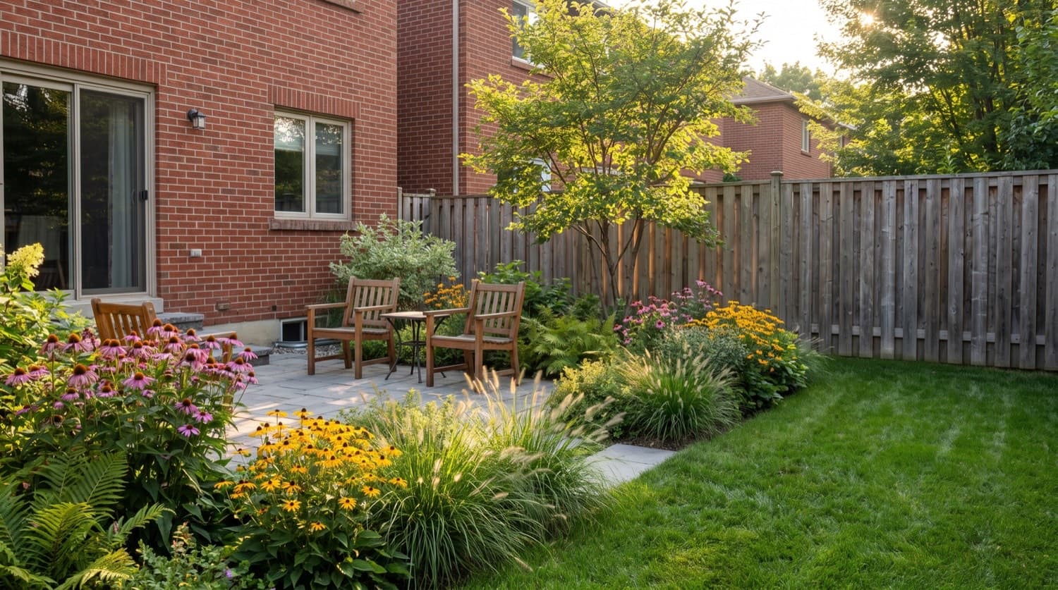 Lush but attainable Toronto backyard with a paver patio, native perennial beds, a small tree, and a wood fence on a summer afternoon