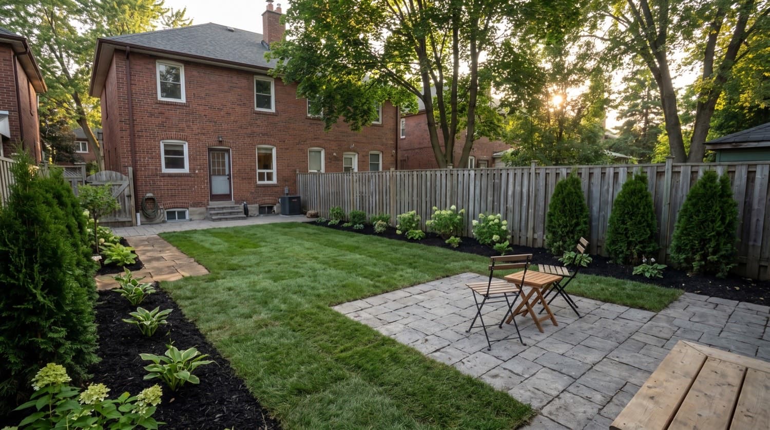 Modest Toronto backyard refreshed on a budget with fresh sod, mulched garden beds, and a small DIY paver seating area on a summer afternoon