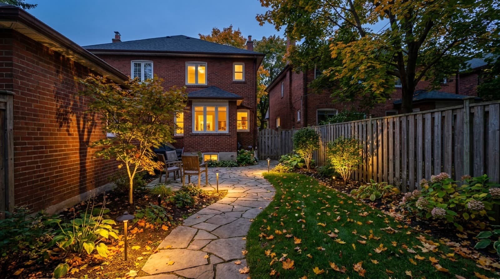 Warm low path lights along a stone walkway and uplit shrubs in the backyard of a red-brick Toronto house at dusk in early autumn