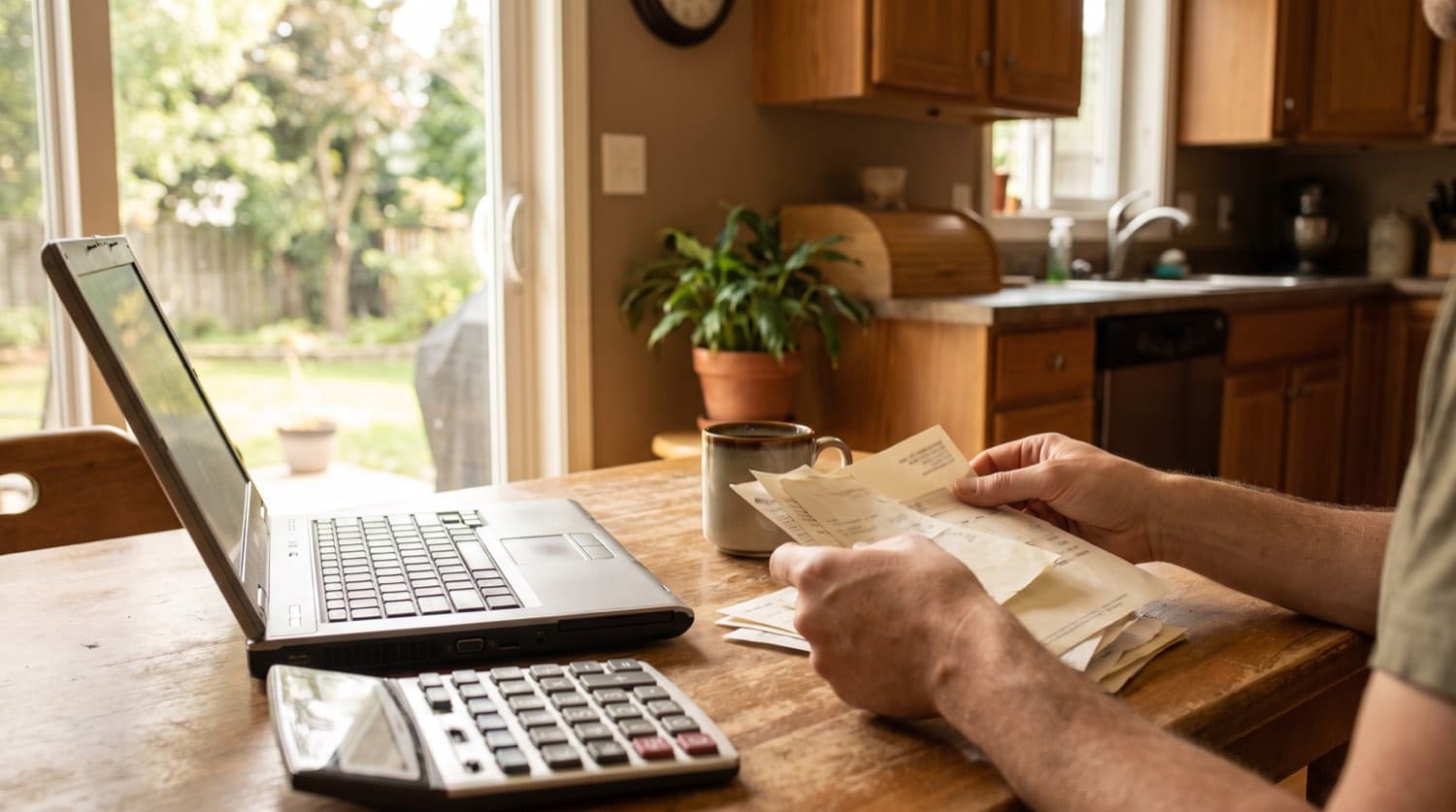 While preparing a rental property tax return, a Toronto homeowner at a kitchen table sorts through lawn care and landscaping receipts.