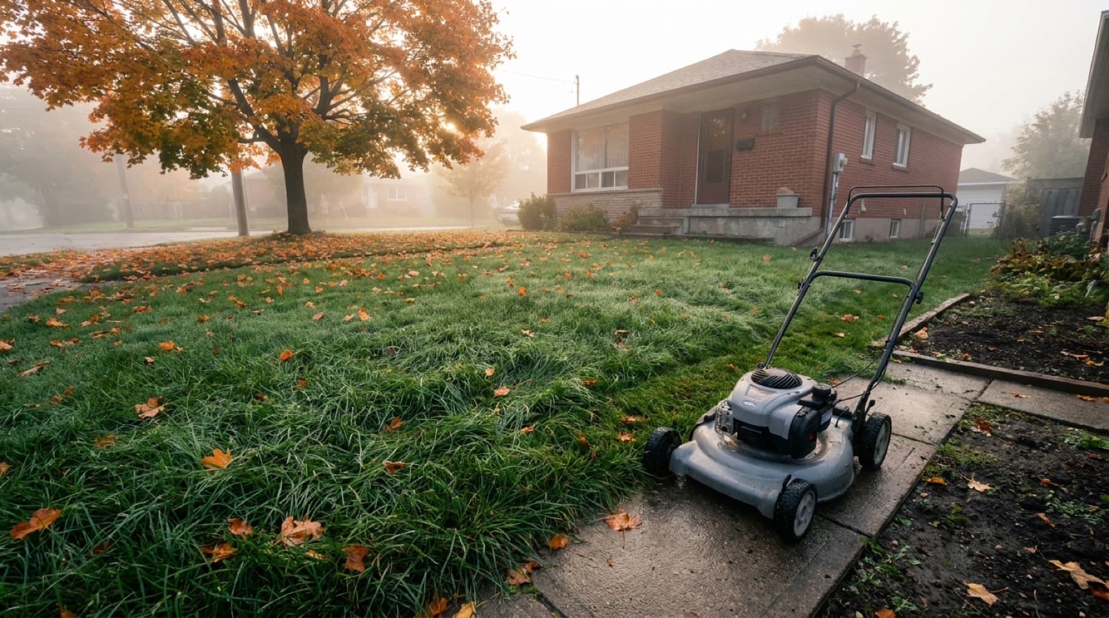 Dew-covered front lawn of a red-brick Toronto bungalow on an autumn morning, with a push mower parked at the edge of the wet grass