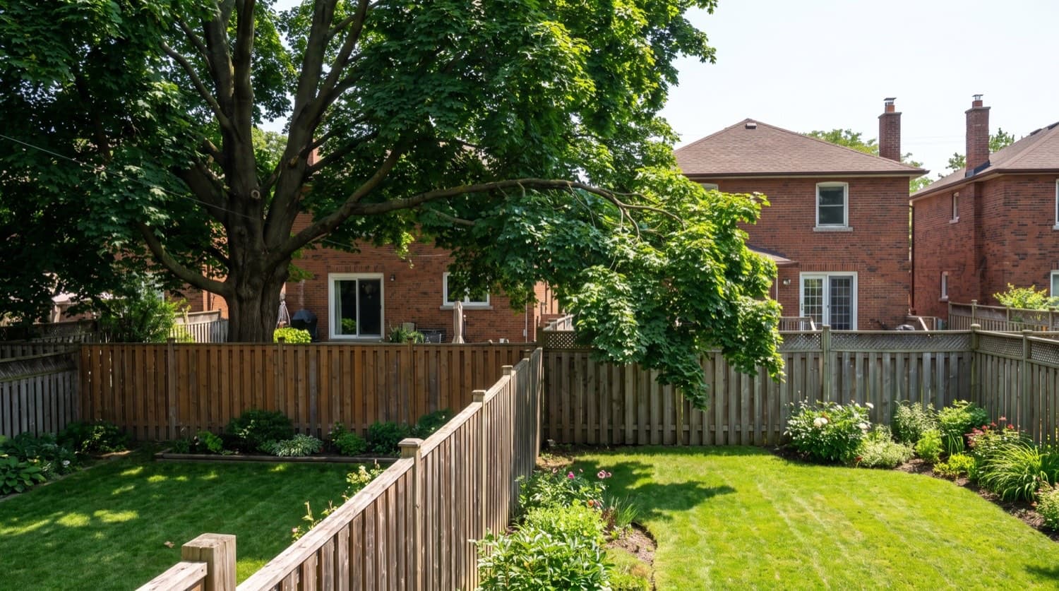 Large mature maple tree overhanging a wood fence between two Toronto backyards in summer, branches reaching over the property line