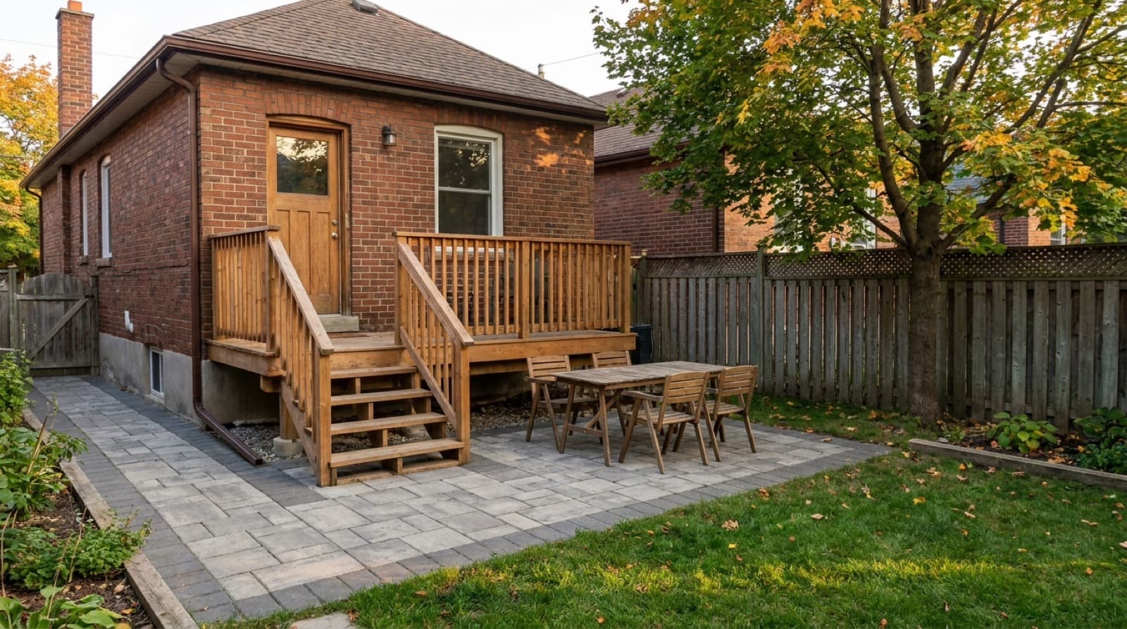 A Toronto brick house backyard in early autumn with a grey interlocking paver patio at ground level and a wooden deck with steps off the back door.