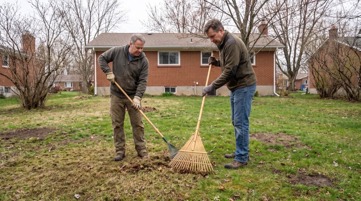 A homeowner in early spring clears winter debris off a greening Toronto backyard lawn, a brick house behind.