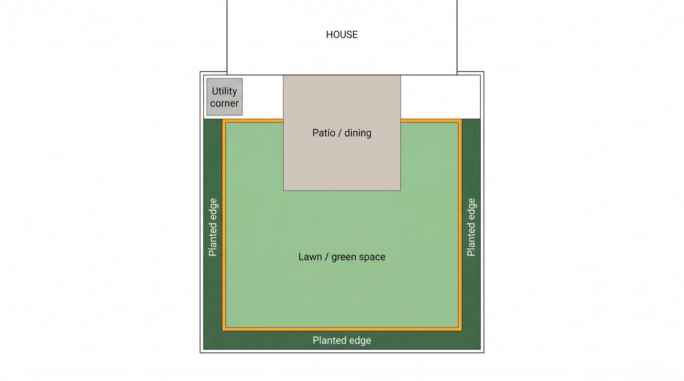 Simple diagram of a backyard divided into functional zones: a dining and seating area, an open green area, planted edges, and a utility corner