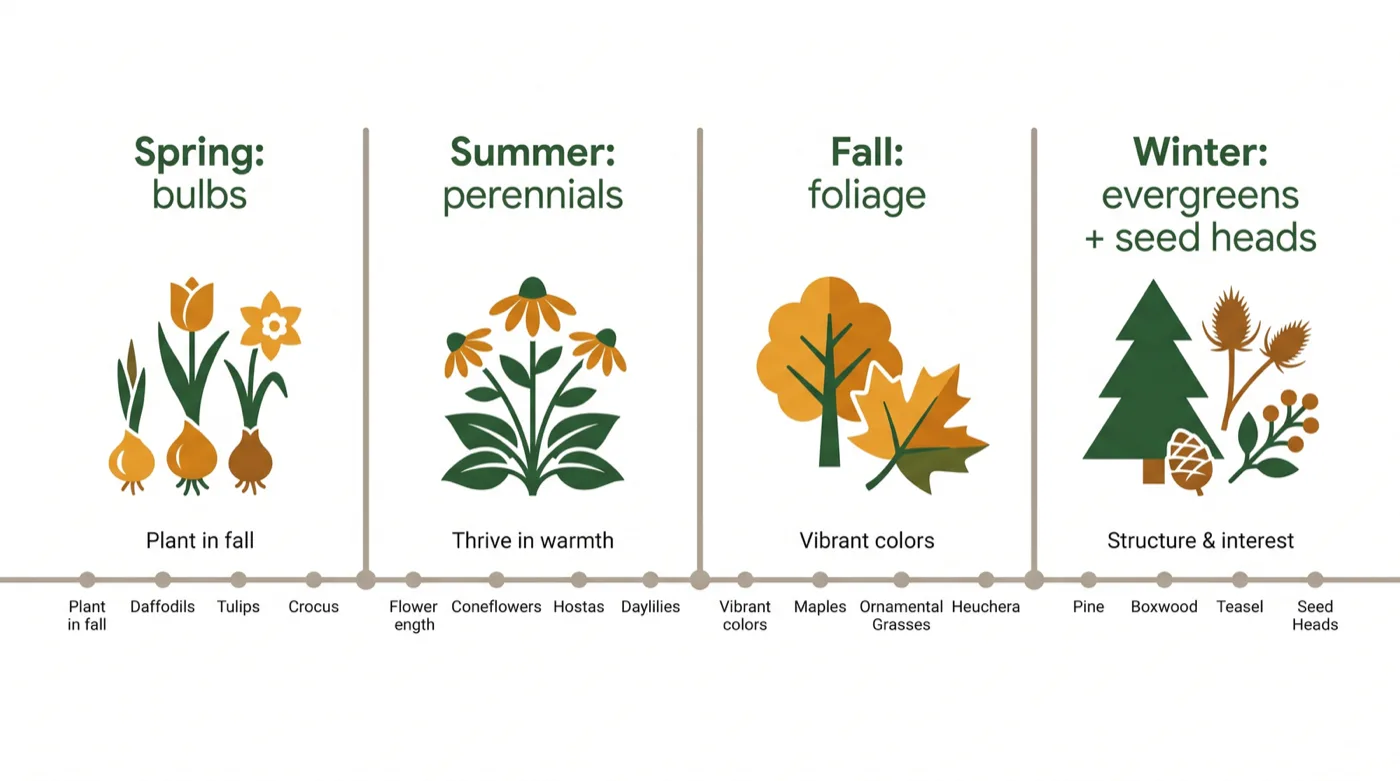 Diagram of a four-season planting plan showing spring bulbs, summer perennials, fall foliage, and winter evergreen and seed-head structure