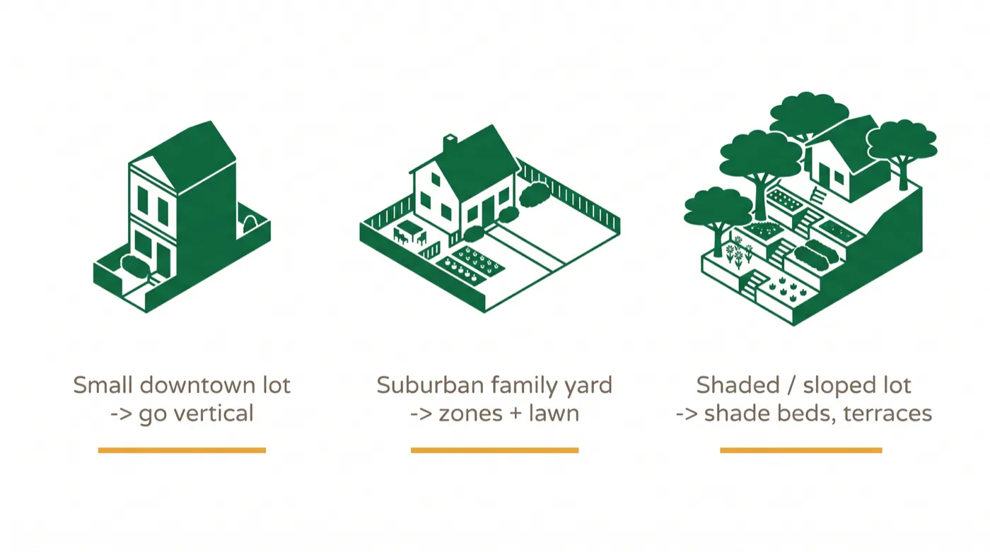 Diagram matching backyard idea categories to yard types: small downtown lot, suburban family yard, and shaded or sloped yard