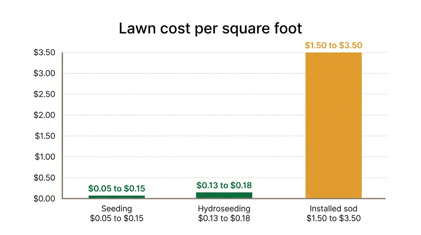 Bar chart comparing lawn cost per square foot: seeding well under half a dollar, hydroseeding slightly higher, and installed sod several dollars per square foot