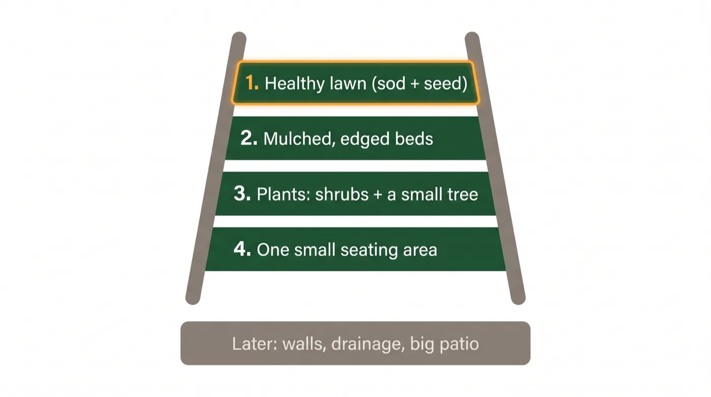 Priority ladder diagram for a budget backyard: first a healthy lawn, then mulched edged beds, then plants, then one small seating area, with structural work last