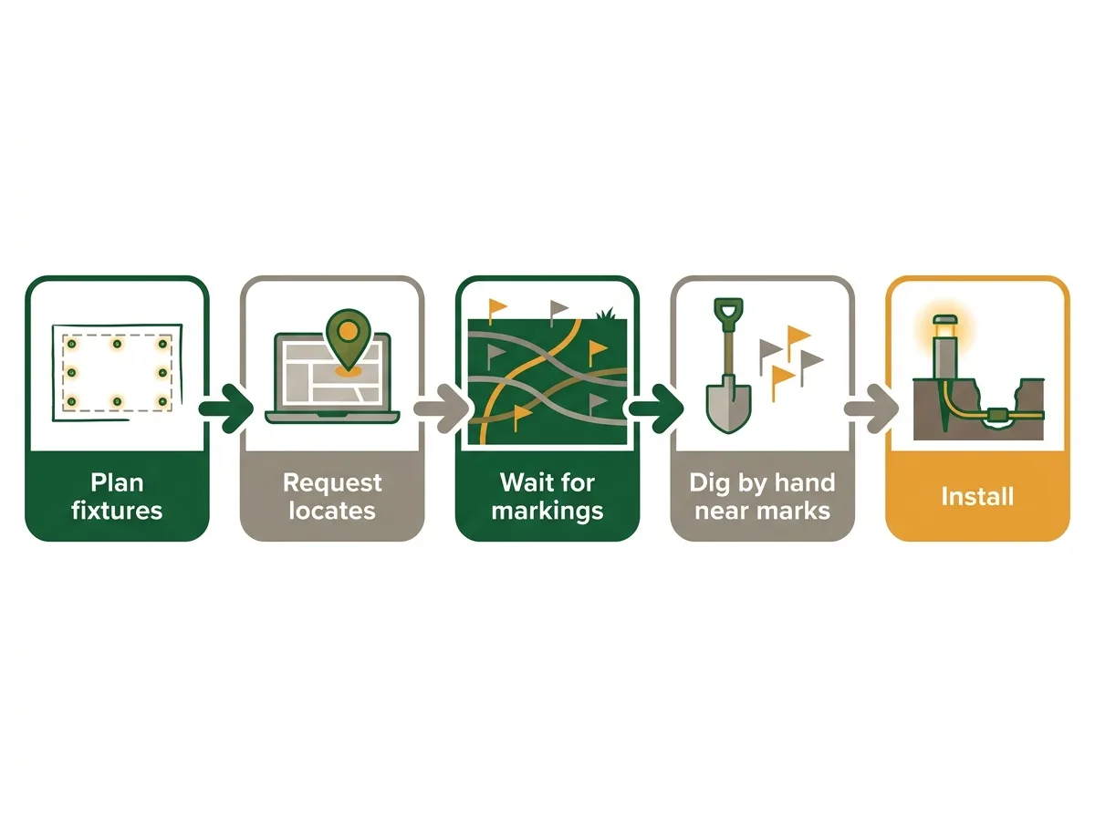 Flow of the main steps for trenching landscape lighting cable in Ontario: plan fixtures, request locates, wait for markings, dig by hand near marks, install