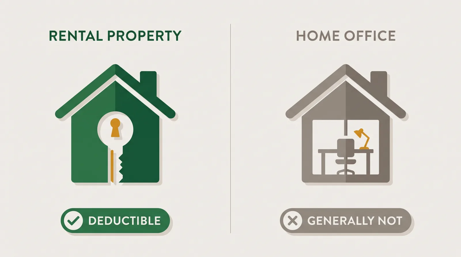 A diagram contrasts a rental property lawn marked deductible with a personal home office lawn marked generally not deductible under CRA rules