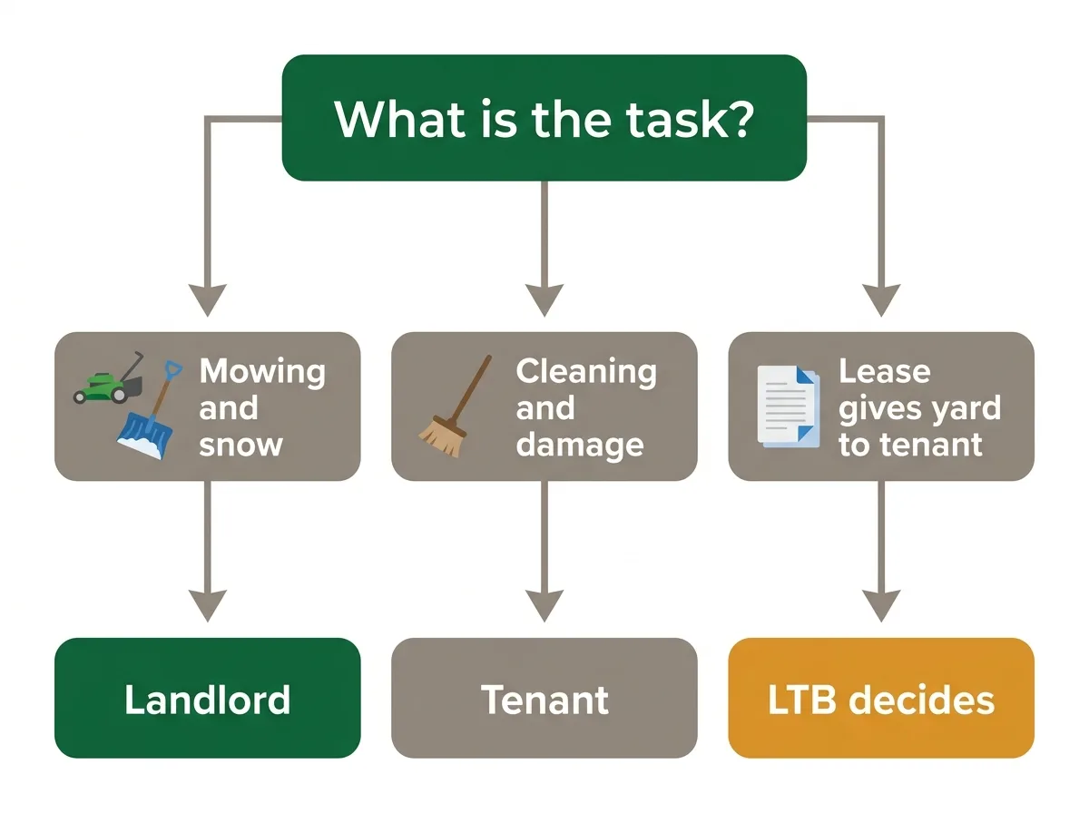 Decision flow diagram for an Ontario rental: grounds upkeep such as mowing and snow clearing leads to the landlord, ordinary cleaning and damage the tenant caused lead to the tenant, and a lease clause giving the yard to the tenant leads to the LTB deciding