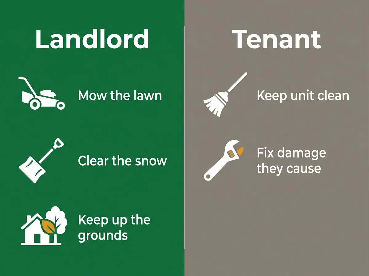Split comparison of landlord and tenant duties at an Ontario rental: the landlord column lists mowing the lawn, clearing snow and upkeep of grounds, and the tenant column lists keeping the unit clean and fixing damage they cause