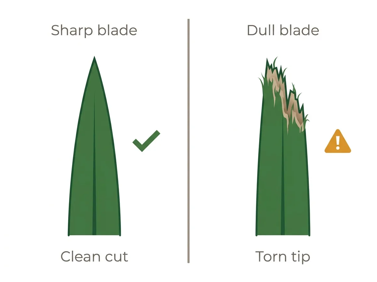 Side-by-side comparison of a grass blade cut cleanly by a sharp mower blade and a grass blade with a torn, frayed tip from a dull blade