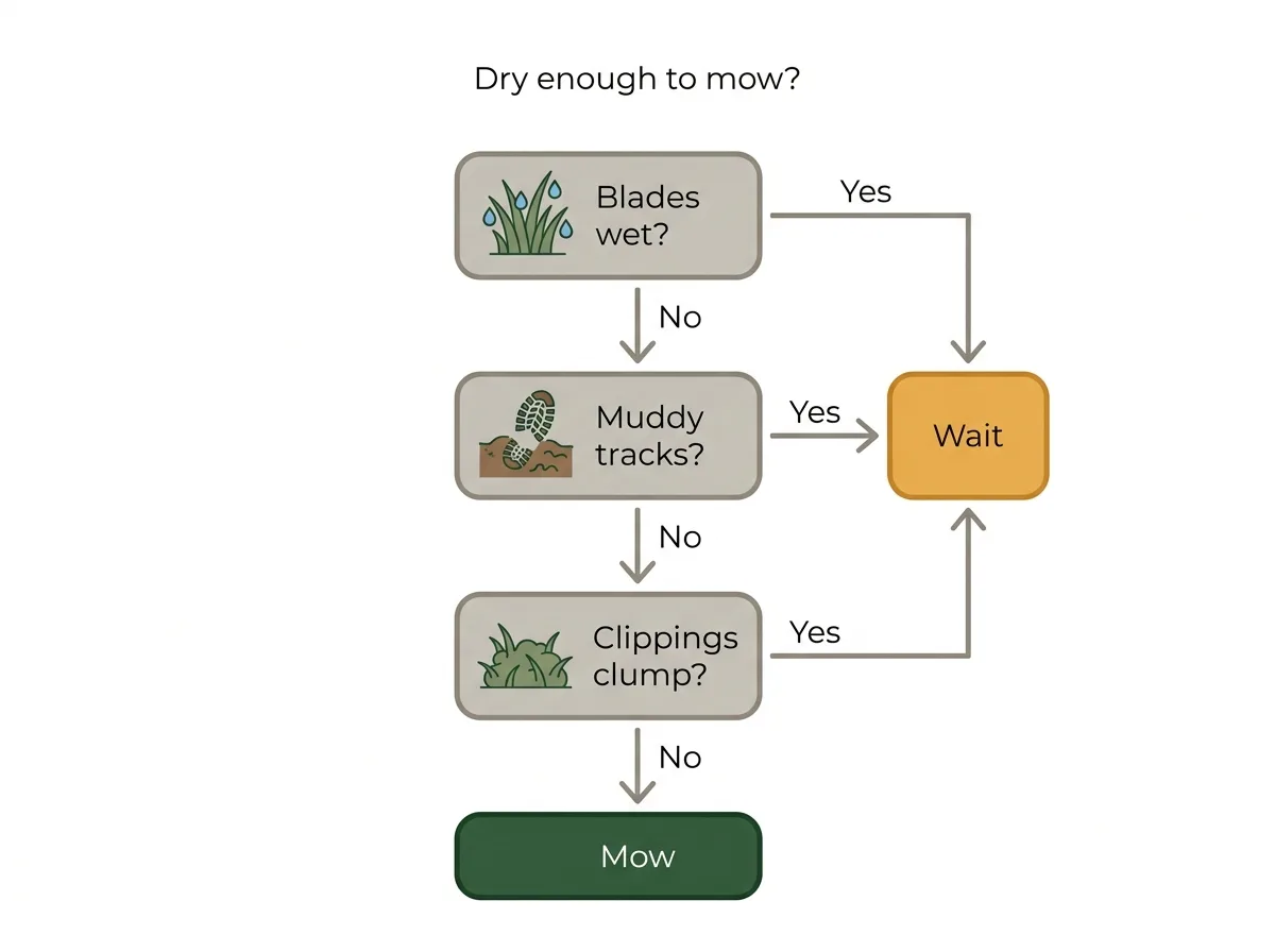 Decision flow for deciding if a lawn is dry enough to mow: blades wet, muddy tracks, and clippings clumping each lead to wait, and three no answers lead to mow