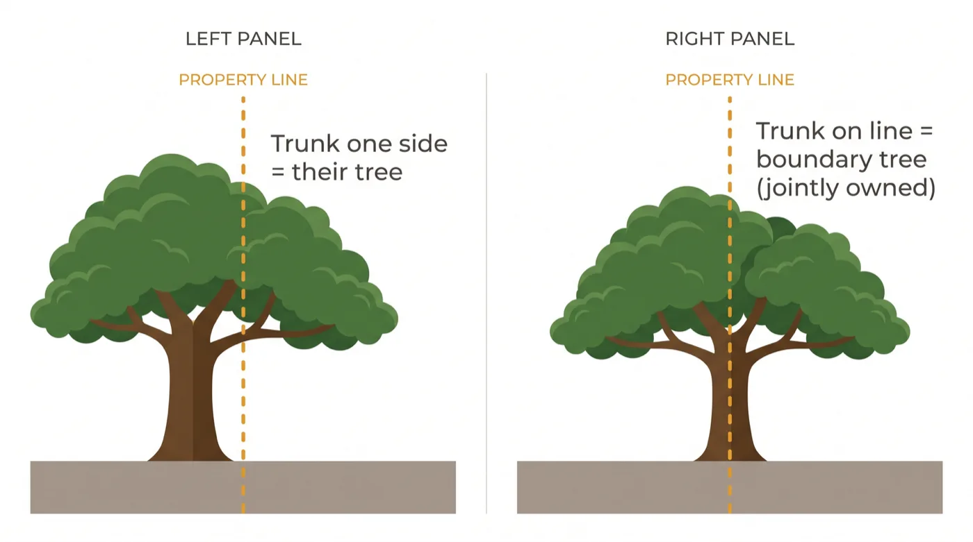 Diagram showing a tree trunk entirely on a neighbour's side of the property line labeled their tree, versus a trunk straddling the line labeled boundary tree, jointly owned