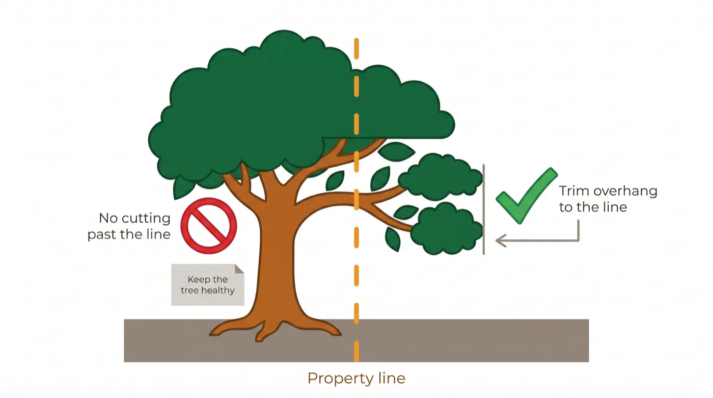 Diagram of a homeowner trimming overhanging branches exactly at the vertical property line, with a marker showing you may cut to the line but not past it and not into the neighbour's yard