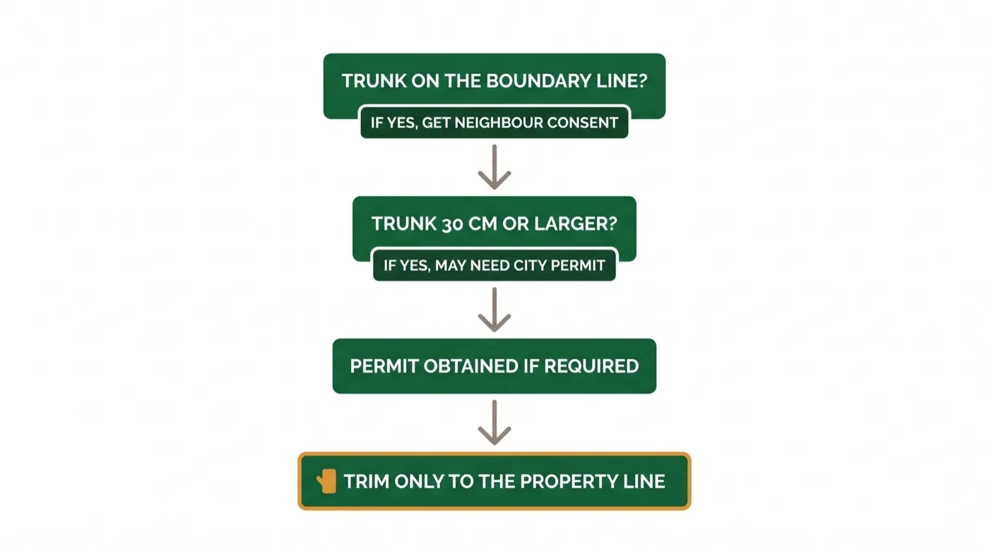 Decision flow diagram for overhanging trees in Toronto: is the trunk on the boundary line, is the tree 30 cm or larger, do you need a permit, then trim only to the property line