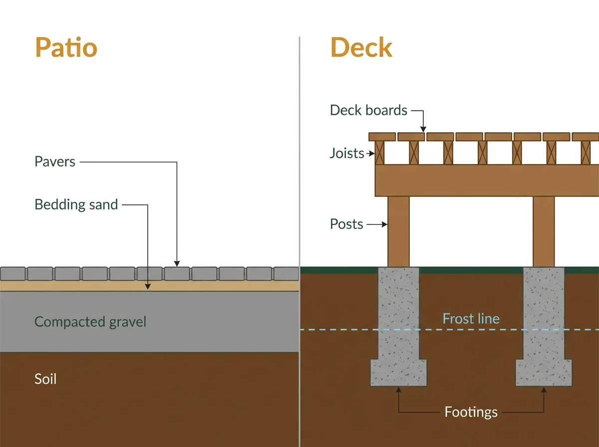 Cross-section comparing an interlock patio of pavers on bedding sand and compacted gravel at ground level with a deck of boards and joists on posts and footings set below the frost line