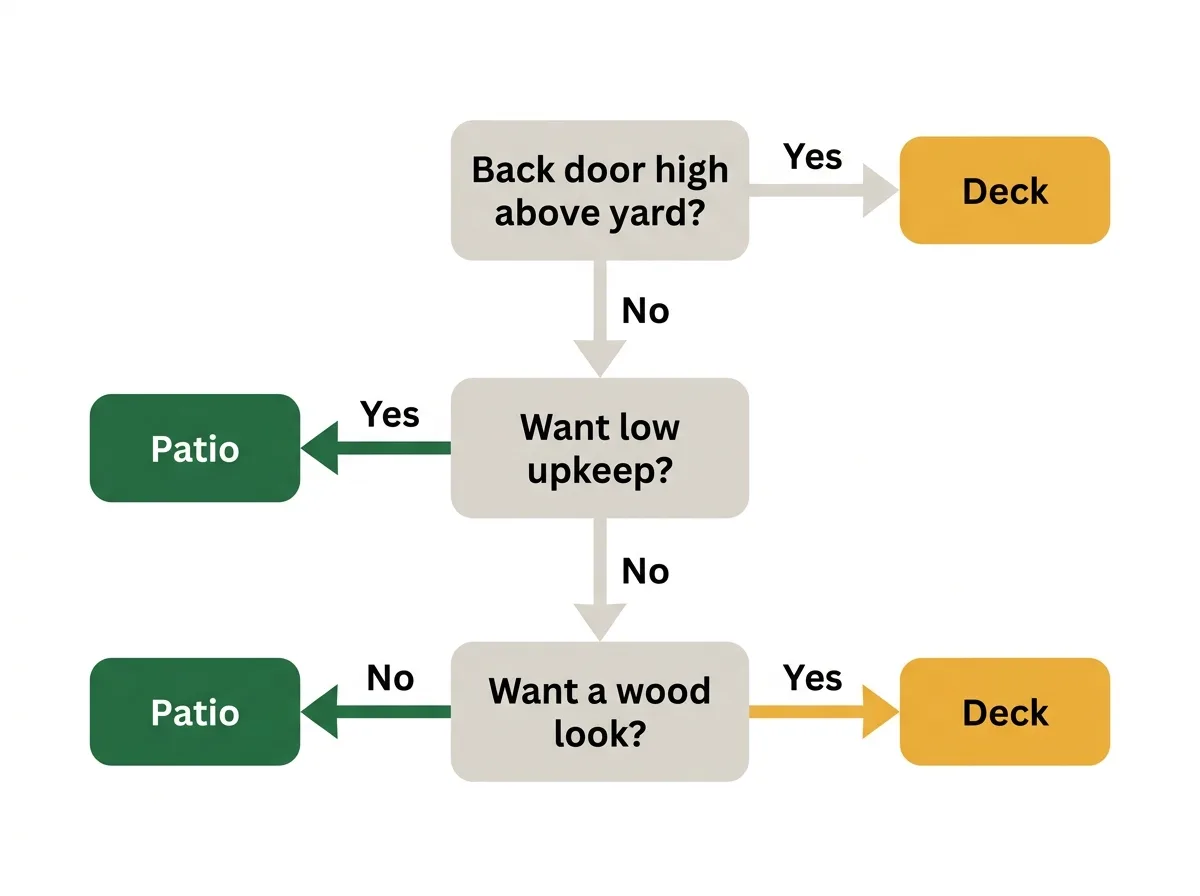 Decision flow diagram asking whether the back door is high above the yard, whether low upkeep matters, and whether a wood look matters, leading to either a patio or a deck