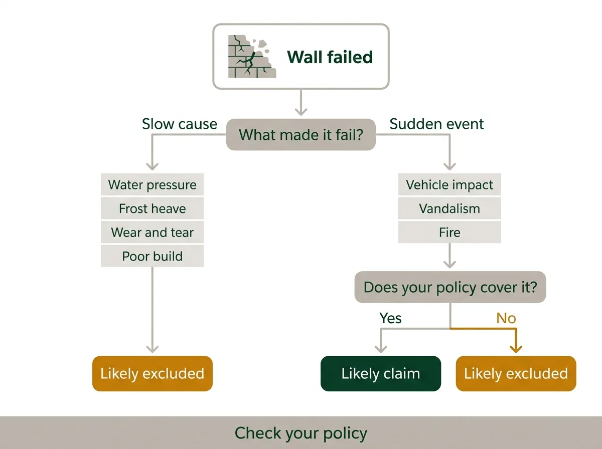 Decision flow for a failed retaining wall insurance claim: a slow cause such as water pressure, frost or wear leads to likely excluded, while a sudden event leads to a likely claim only if your policy covers it
