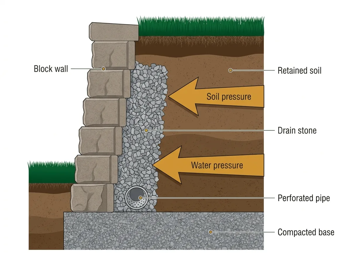 Cross-section of a segmental block retaining wall showing the retained soil, gravel drainage zone, perforated drain pipe, compacted base and the soil and water pressure pushing on the wall