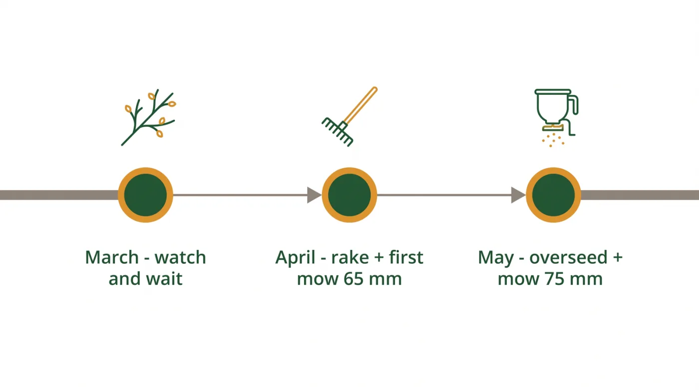 A Toronto spring lawn care schedule by month: March for cleanup readiness, April for raking and the first mow, and May for overseeding and steady mowing.